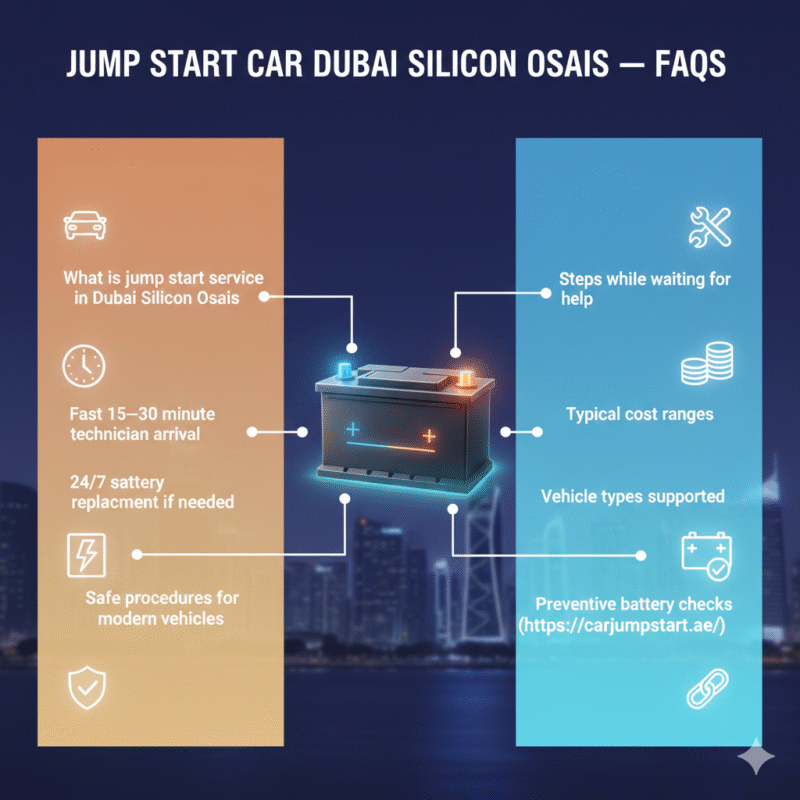 “Animated-style feature image showing FAQs for jump start car services in Dubai Silicon Oasis, title on top, central premium car or battery image, FAQ points displayed on sides with icons.”