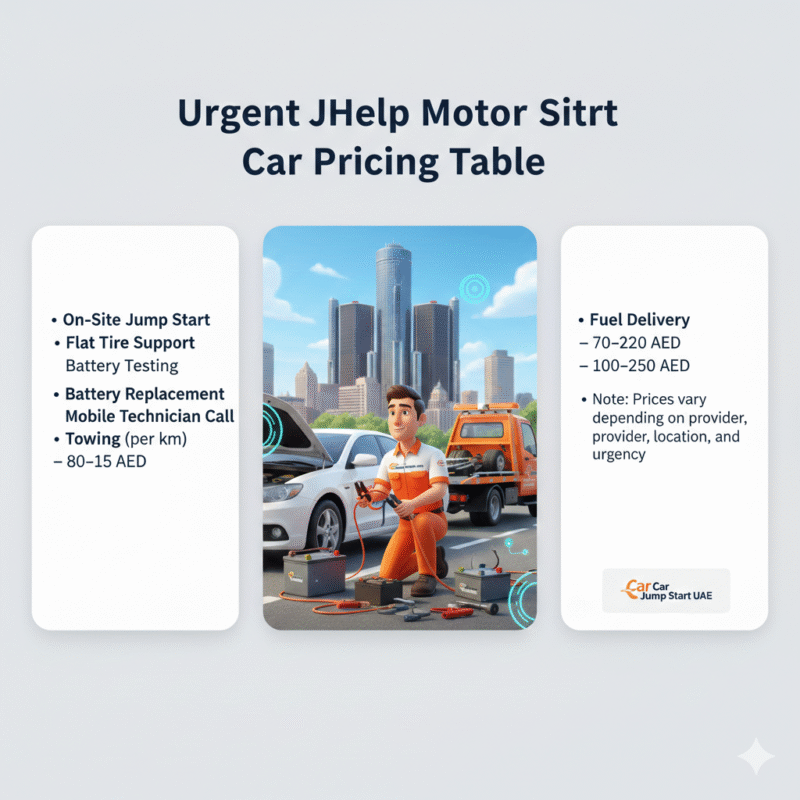 "Animated 3D illustration showing a technician assisting a car in Motor City with side spaces for pricing table points and Car Jump Start UAE branding."