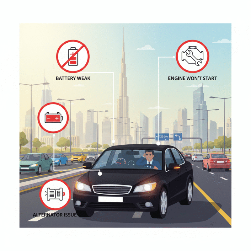 Illustration of a car stuck before work in Dubai with dashboard lights dim, driver trying to start the vehicle, showing battery and alternator issues