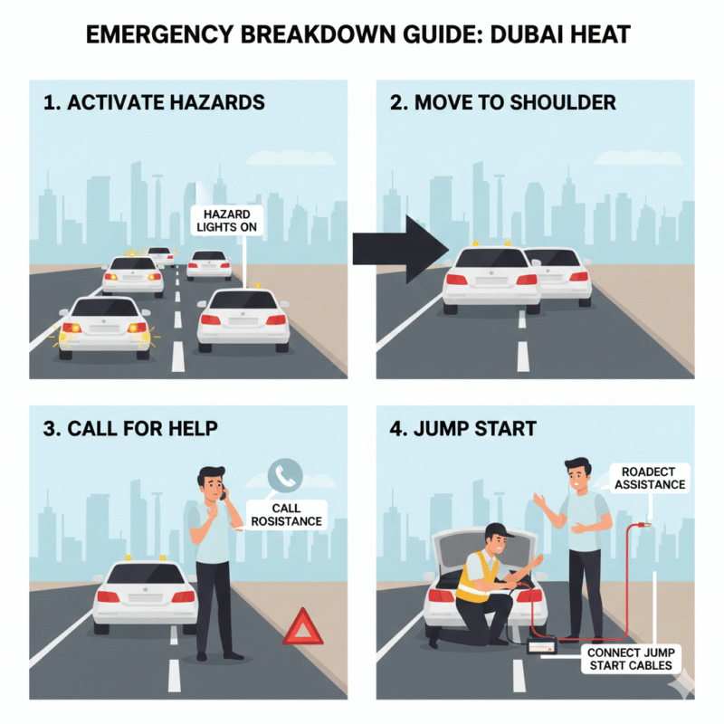 Step-by-step illustrated guide showing how to respond to a dead car battery in Dubai traffic.