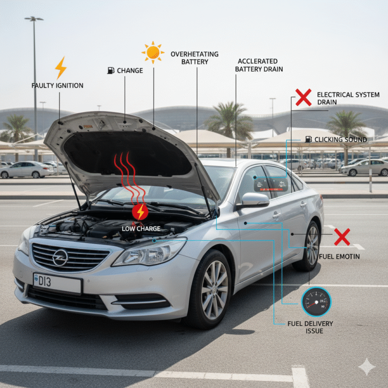 Diagram showing a car in Dubai airport parking with common start-up problems: dead battery, starter motor failure, ignition issues, electrical drain, fuel problems, and overheating battery.