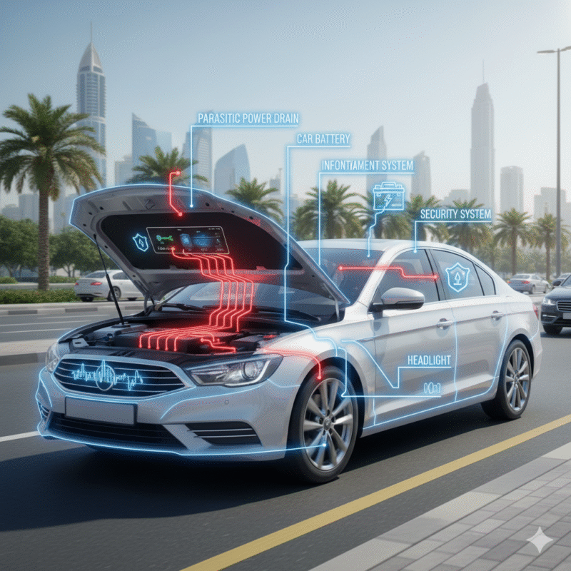 Illustration showing a car battery being drained by electronics during errands in Dubai, with dimming dashboard and active devices.