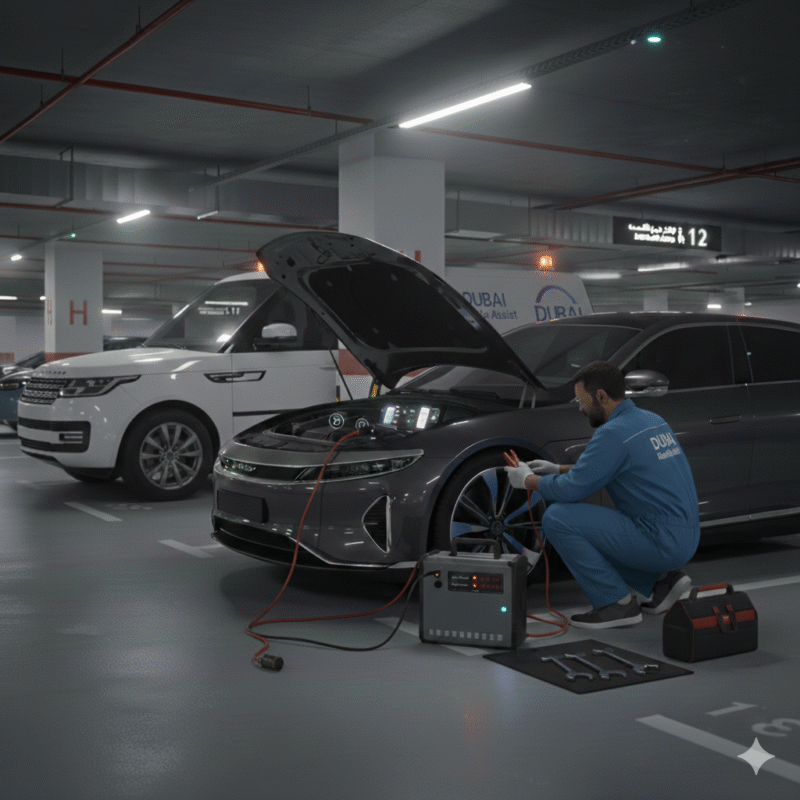 Technician jump starts a modern sedan in underground Dubai parking using professional jumper cables and safety equipment.
