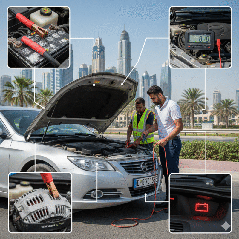 Ahmed’s sedan in Dubai with dead battery, weak donor car, thin jumper cables, corroded terminals, and low alternator output