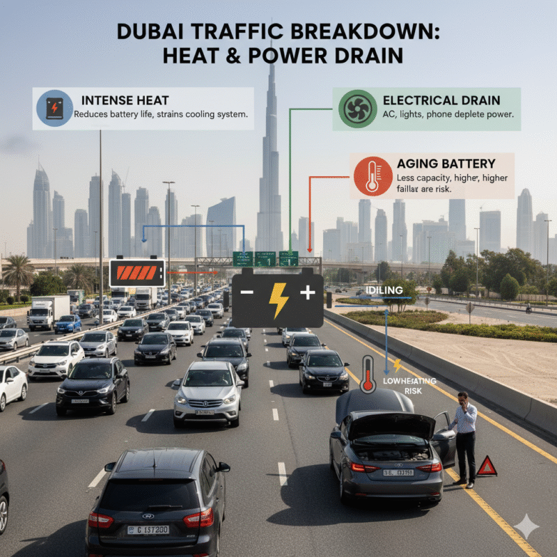 Illustrated guide explaining dead car battery causes in Dubai traffic including heat, idling engine, and electrical drain.