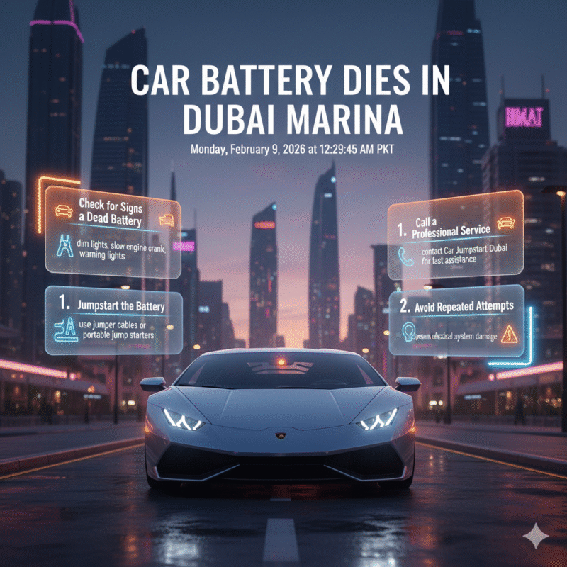 "Animated user guide infographic showing steps to handle a dead car battery in Dubai Marina with luxury car at center and step-by-step points on sides."