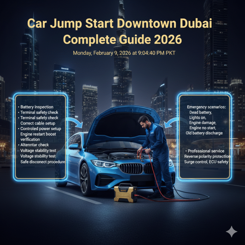 Professional roadside car jump start service in Downtown Dubai with infographic showing safety and emergency steps