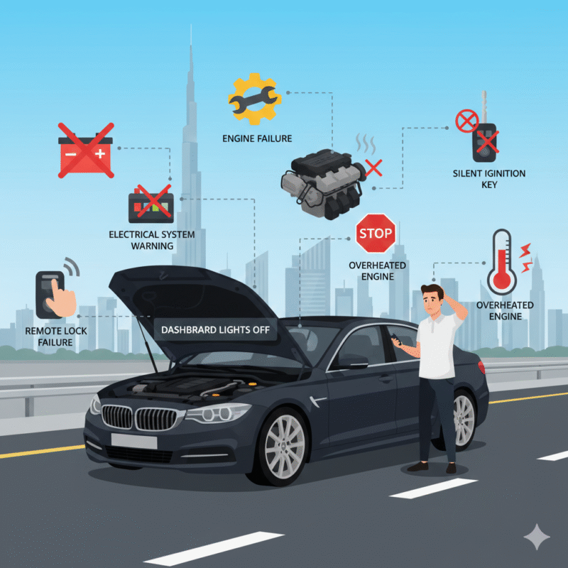 Infographic of a dead car in Dubai explaining battery and engine failure causes
