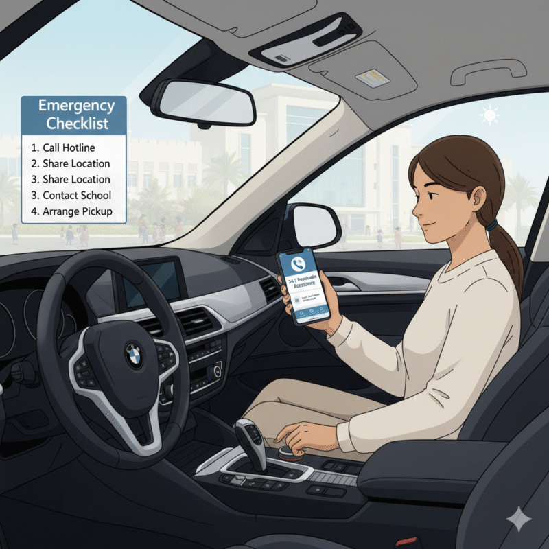 Illustration showing parent using phone for roadside assistance and backup plans during school pickup in Dubai