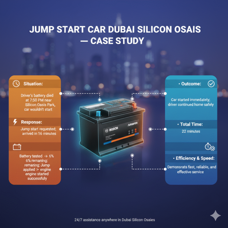 “Animated-style feature image showing a real-life case study of jump start car service in Dubai Silicon Oasis, title on top, central premium car or battery image, key points displayed on sides with icons.”