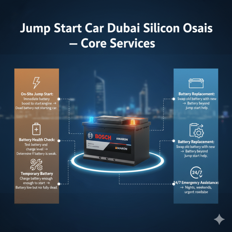 “Animated-style feature image showing core jump start services in Dubai Silicon Oasis, title on top, central premium car or battery image, core services displayed on sides with icons.”