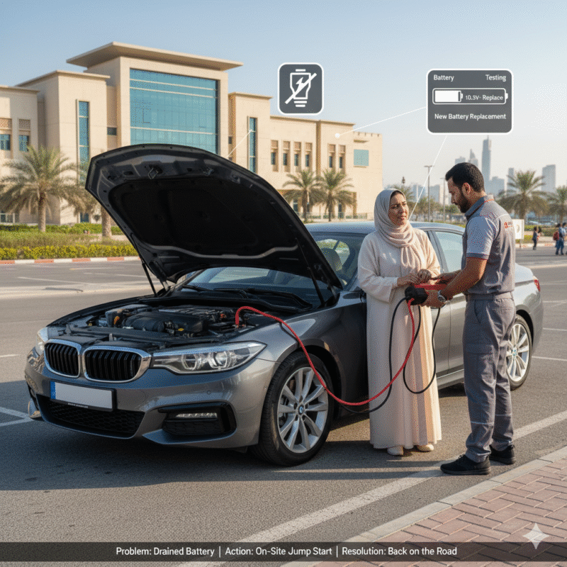 Illustration of a roadside professional jump starting a car whose battery was drained by lights in Dubai, showing the parent, car hood open, and lights still on