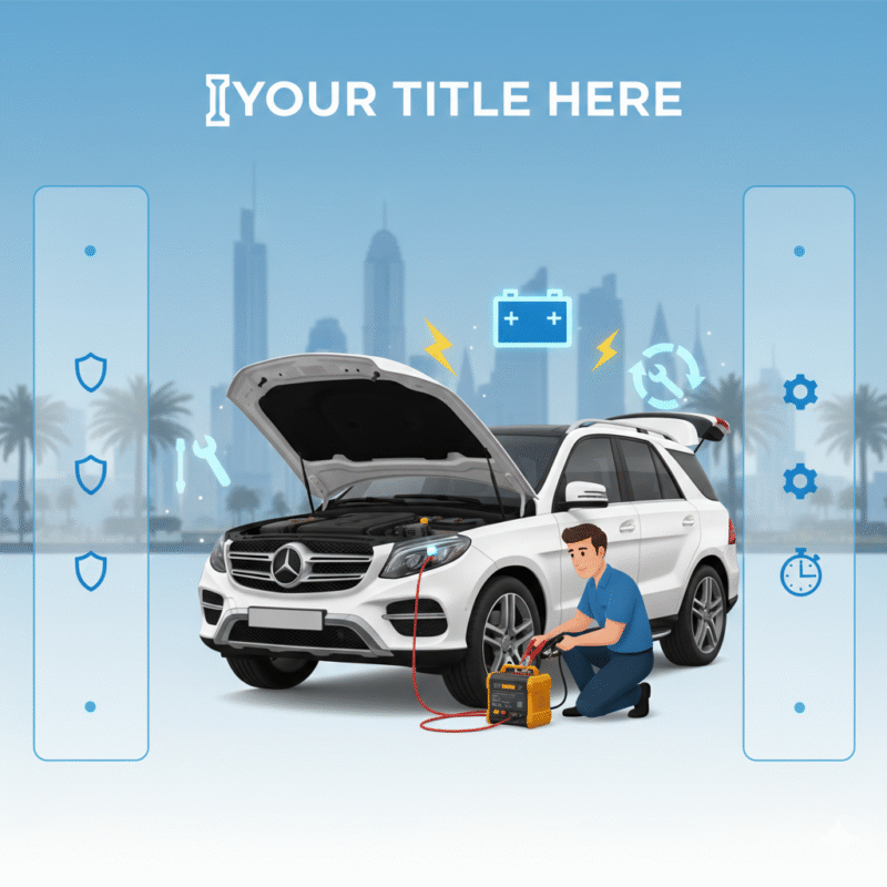 “Animated infographic-style feature image showing a luxury car with a technician jump-starting it, with side panels for key points and a dynamic title displayed at the top.”