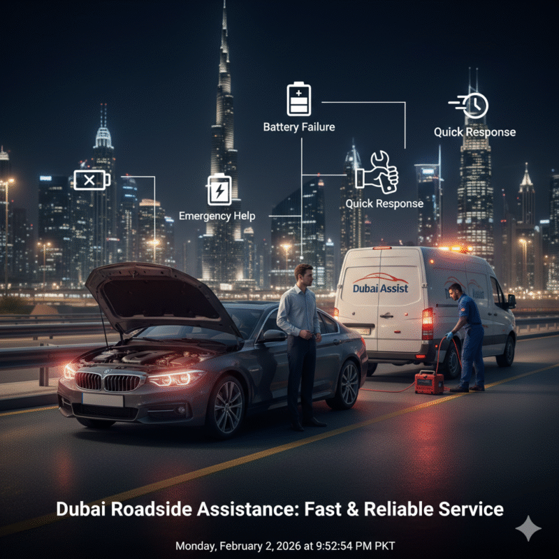 Stranded car with open hood on Dubai roadside receiving professional jump-start assistance.