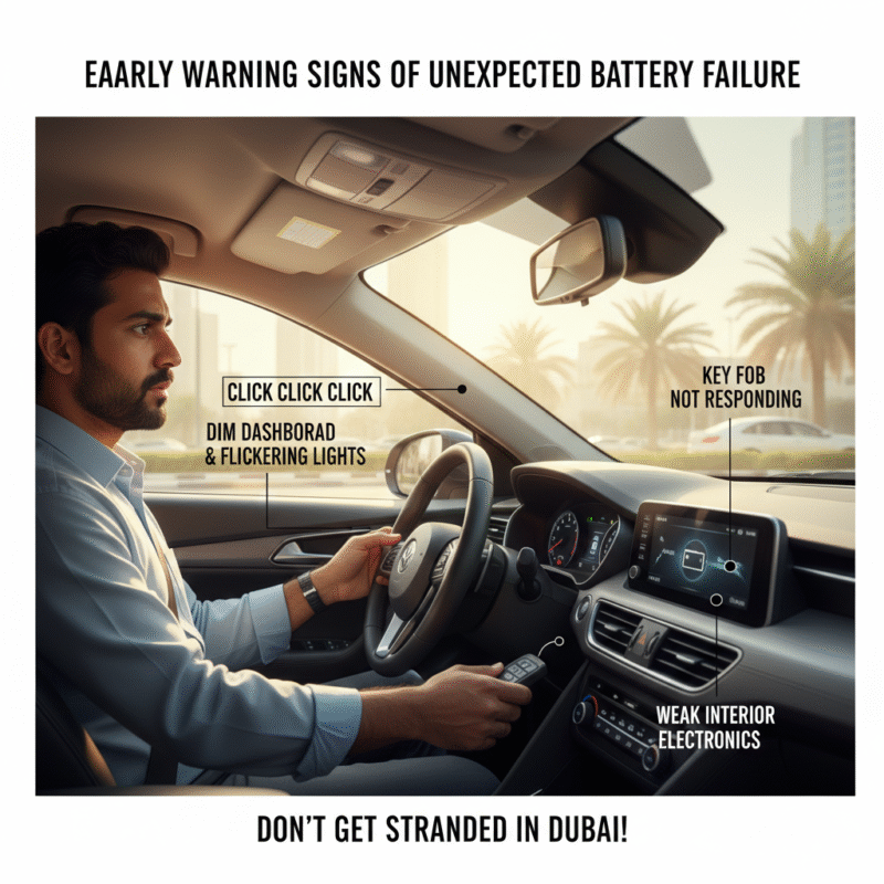 Dim dashboard, flickering instrument lights, clicking ignition, unresponsive remote key in Dubai parking, early warning signs of battery failed unexpectedly Dubai.