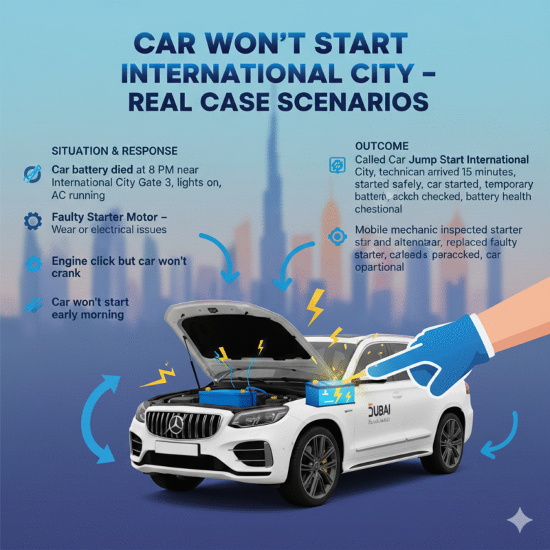 "Animated infographic-style illustration showing a branded car with hood open and key case study points about 'Car Won’t Start International City' displayed on the sides."