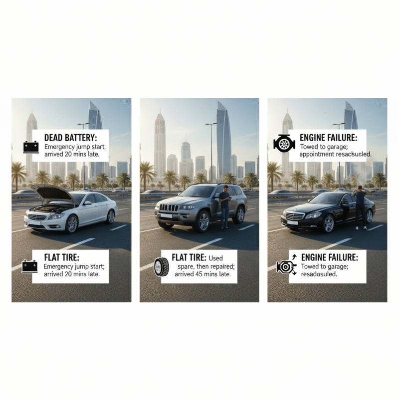 Infographic showing dead battery, flat tire, and engine failure as causes of car stuck before appointment Dubai with outcomes displayed
