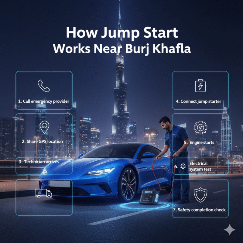 Step-by-step jump start process near Burj Khalifa showing technician boosting car battery in Downtown Dubai