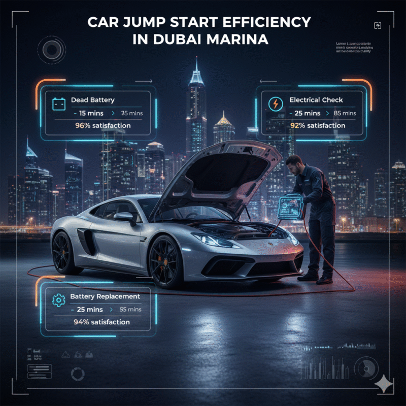 Case study infographic showing car jump start efficiency and response times in Dubai Marina