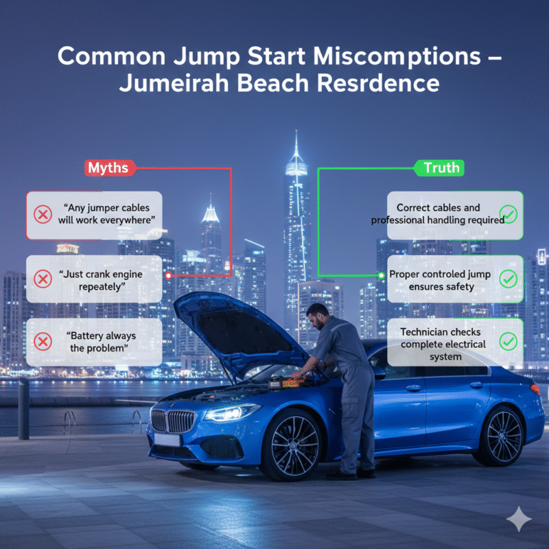 Infographic showing common myths vs truths about jump start car services in Jumeirah Beach Residence with luxury car and technician