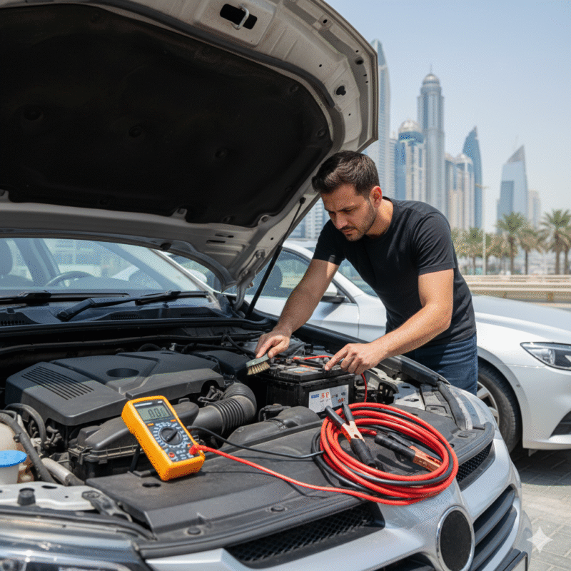Dubai driver checking battery, cleaning terminals, inspecting alternator, and preparing high-quality jumper cables