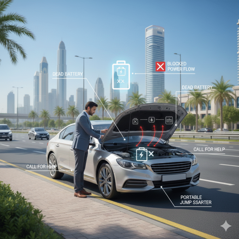 Illustration of a car battery dying during errands in Dubai, showing engine not cranking, dashboard lights off, and halted electrical flow.