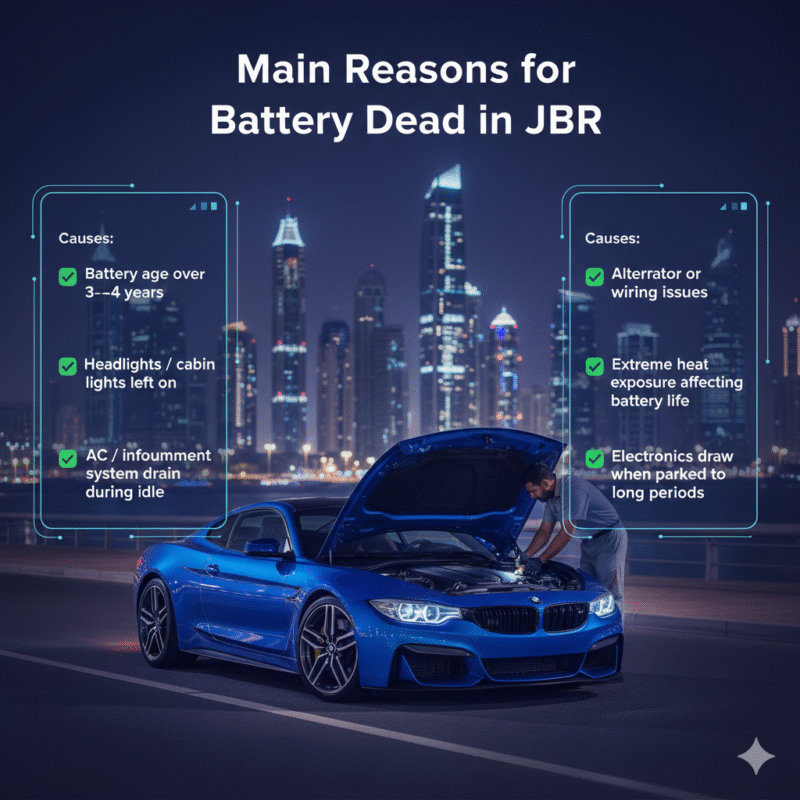 Infographic showing main reasons for car battery dead in Jumeirah Beach Residence with luxury car and roadside technician
