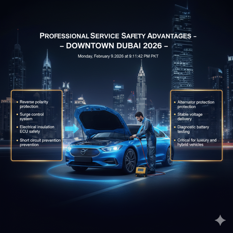 Professional roadside jump start safety advantages in Downtown Dubai illustrated with luxury car and certified technician infographic
