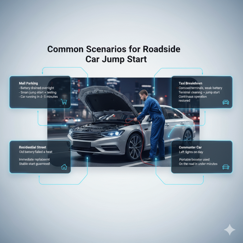 Visual infographic showing real-life common scenarios of roadside car jump start in Deira, with scenarios highlighted on sides and a central technician performing roadside battery service.