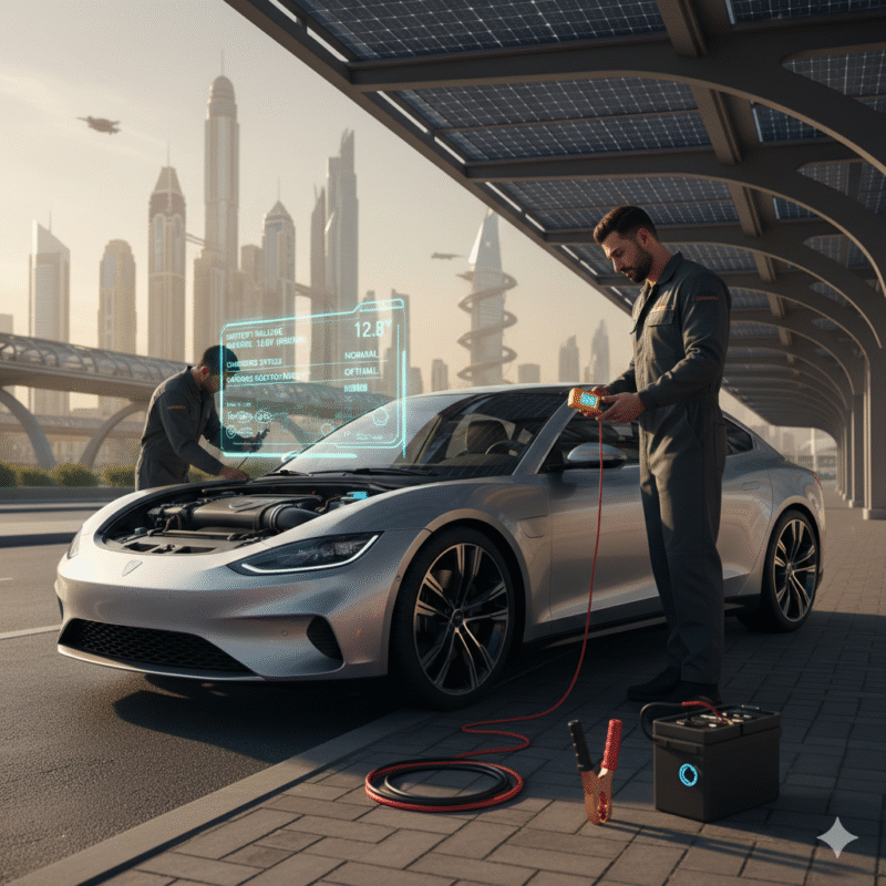 Dubai car parked in shade, driver testing battery, cleaning terminals, arranging high-quality jumper cables, inspecting alternator, ensuring electronics are off