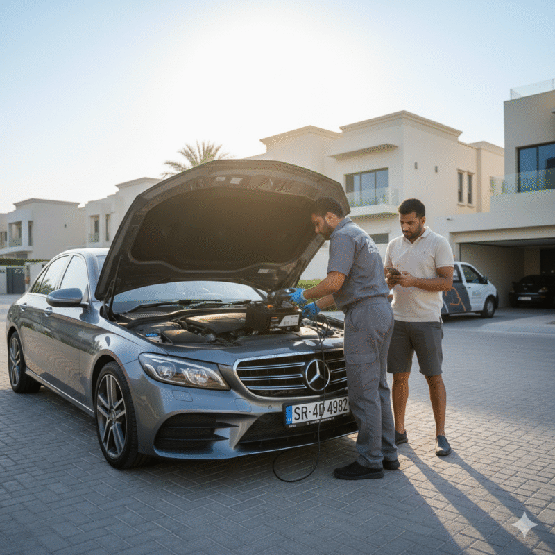 home roadside diagnostics car stuck at home dead battery Dubai technician testing scene