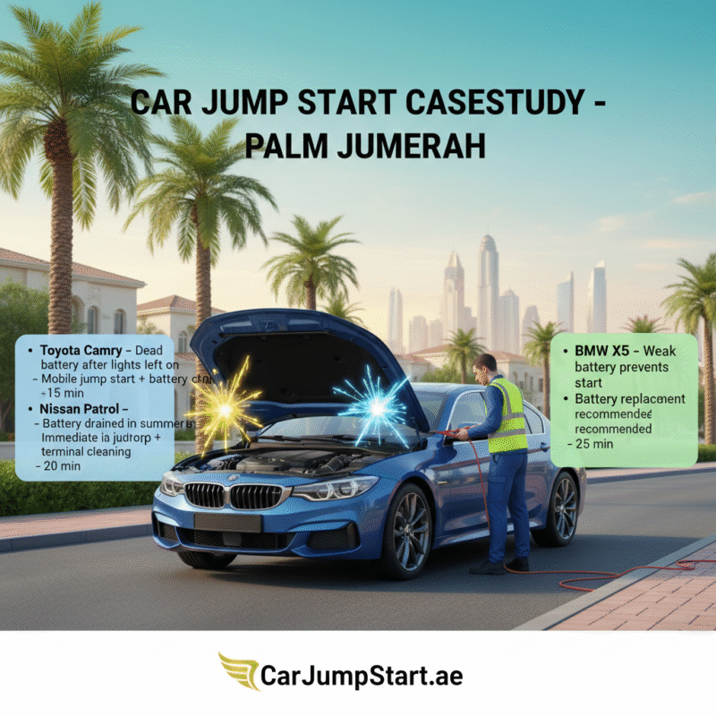 "Car jump start case study in Palm Jumeirah showing vehicle model, issue, solution, and response time with a central technician image and brand logo."