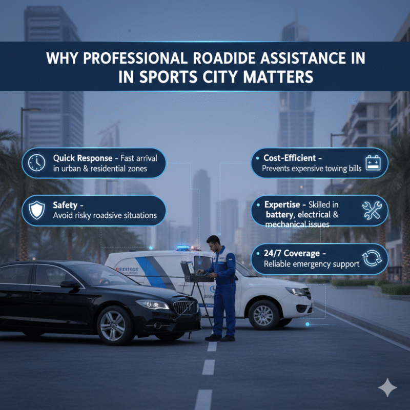 "Professional roadside assistance infographic in Sports City highlighting quick response, safety, cost efficiency, and 24/7 expert support."