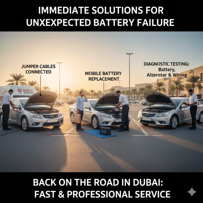 Technicians performing jump start, mobile battery replacement, and battery diagnostics in Dubai parking, car failed unexpectedly, driver observing