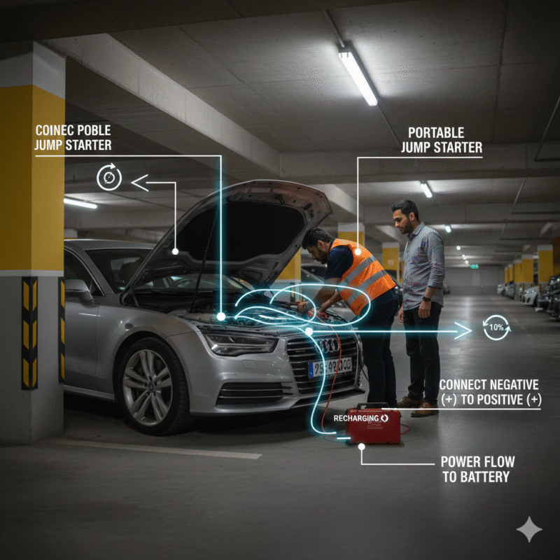 Using a Portable Jump Starter for Dead Car Portable jump starter connected to a dead car battery in an underground Dubai garage.