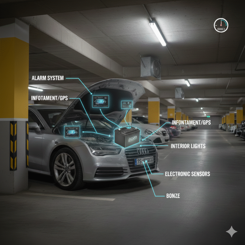 Parasitic Electrical Drain While Car Is Parked Underground Infographic showing parasitic electrical drain reducing a car battery while parked underground.