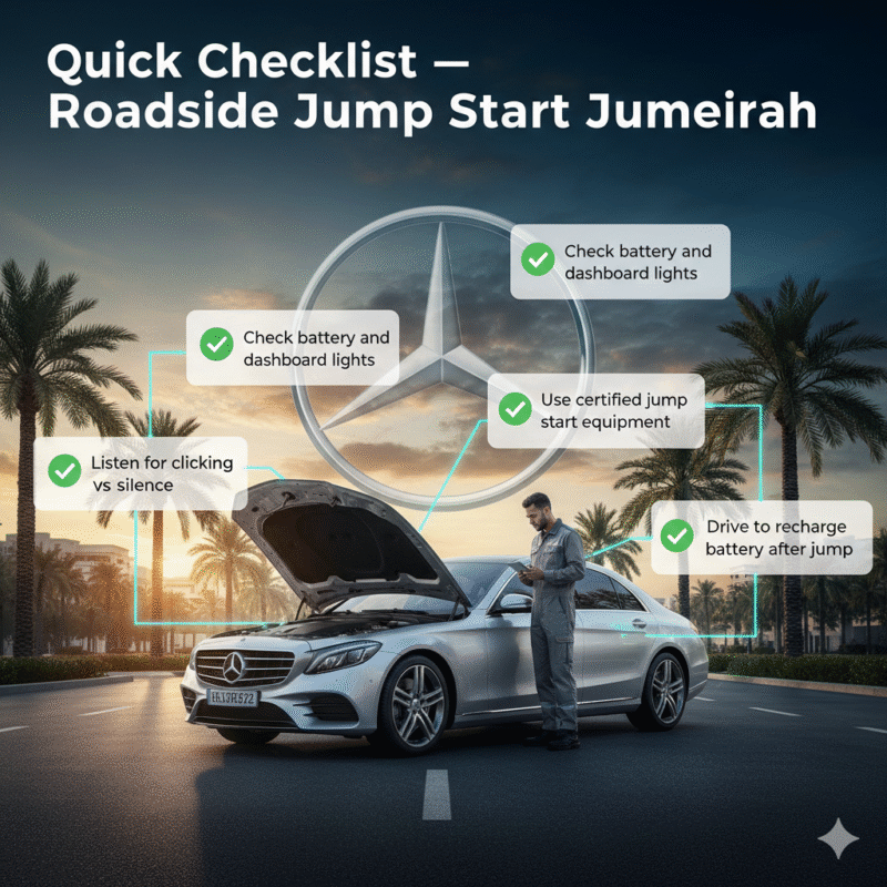 Luxury car stalled on Jumeirah street with roadside technician, infographic showing quick checklist for roadside jump start including battery check, listening for clicks, using certified equipment, calling help, and post-recovery driving