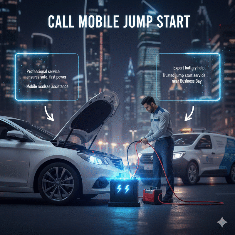 Infographic showing professional mobile jump start service in Business Bay with key benefits highlighted on sides