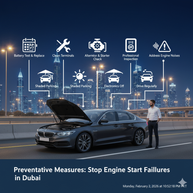 Modern car on Dubai roadside with infographic icons illustrating tips to prevent engine not turning over.