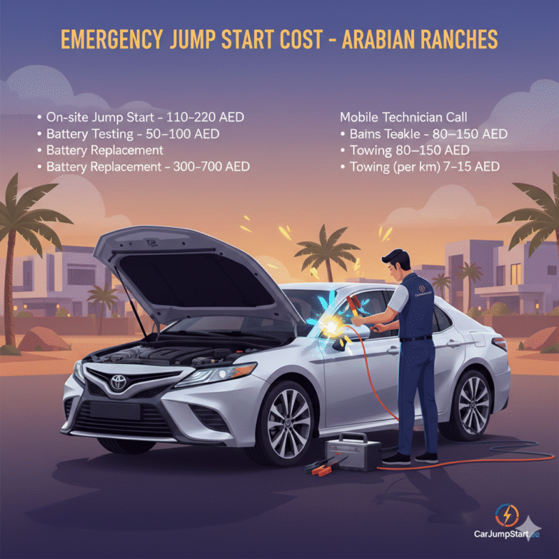 "Emergency Jump Start cost table in Arabian Ranches showing service types and typical prices, with central car image and professional brand logo."