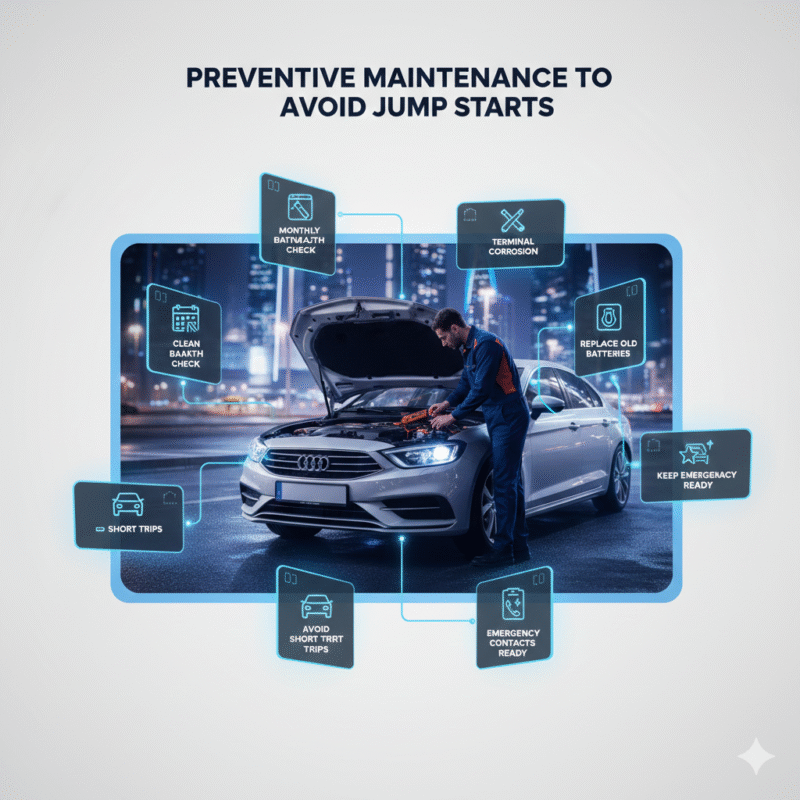 Infographic showing preventive car battery maintenance tips with technician inspecting battery and labeled care instructions.