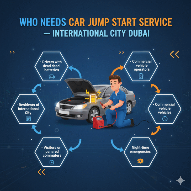 Animated infographic showing "Who Needs Car Jump Start Service — International City Dubai" with central brand visual and key audience points displayed on sides.