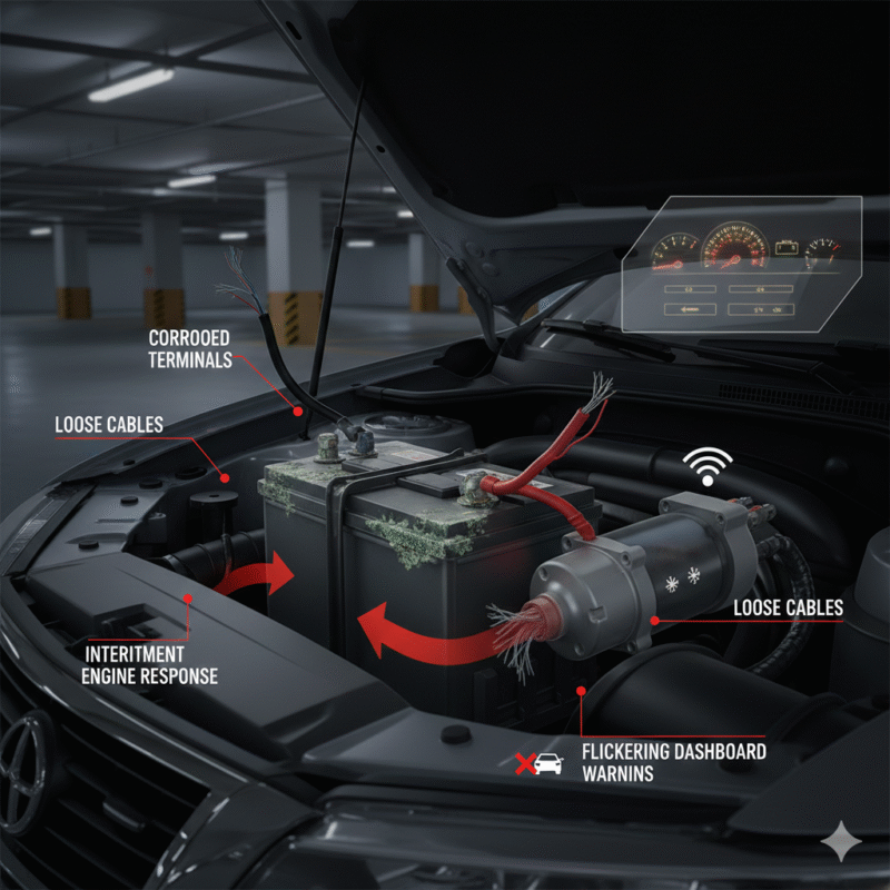 Illustration showing corroded and loose battery terminals interrupting ignition in a car parked in an underground Dubai garage.
