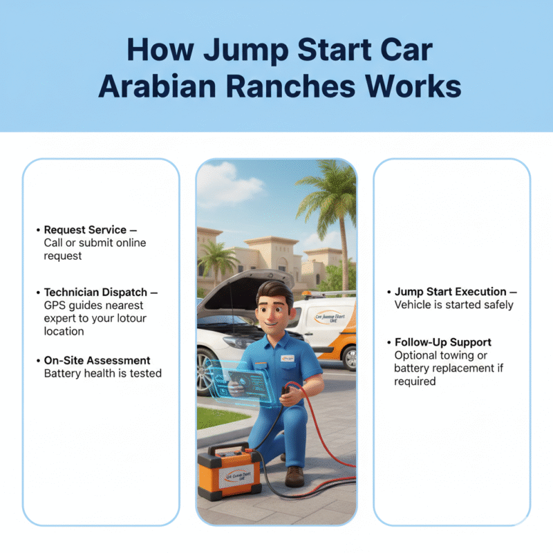 "Animated 3D illustration showing a technician performing a jump-start workflow on a car in Arabian Ranches, with side spaces for step-by-step points and Car Jump Start UAE branding."