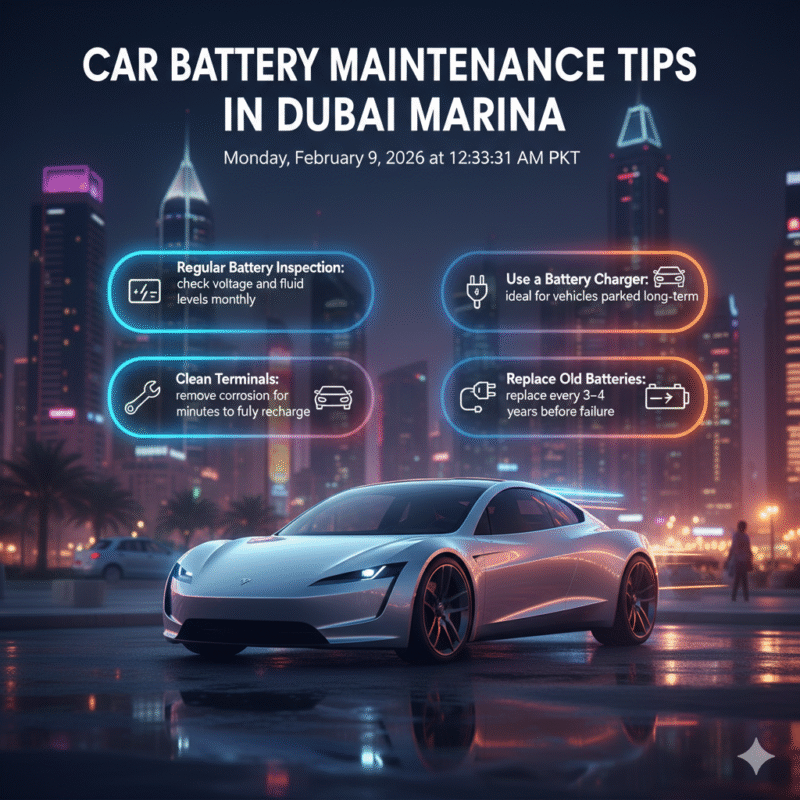 "Animated user guide infographic showing car battery maintenance tips in Dubai Marina, with luxury car at center and step-by-step points on sides."