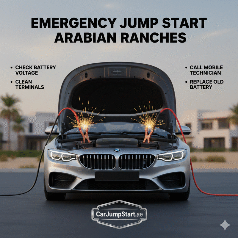 "Emergency Jump Start Arabian Ranches guide showing car battery being jump-started with tips listed on the sides and a professional brand logo in center."