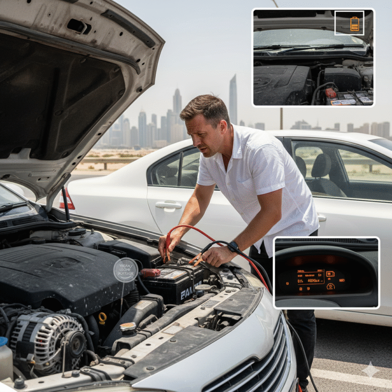 Dubai car with fully discharged battery, jumper cables connected, engine not cranking, showing weak donor battery, corroded terminals, and alternator fault