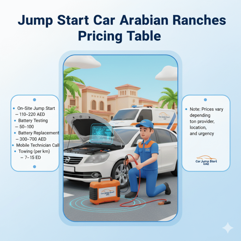 "Animated 3D illustration showing a technician assisting a car in Arabian Ranches with side spaces for pricing points and Car Jump Start UAE branding."