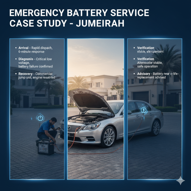 "Premium case study feature image showing emergency battery service in Jumeirah, with title on top, side bullet points of technician actions and results, and central luxury sedan with animated highlights."