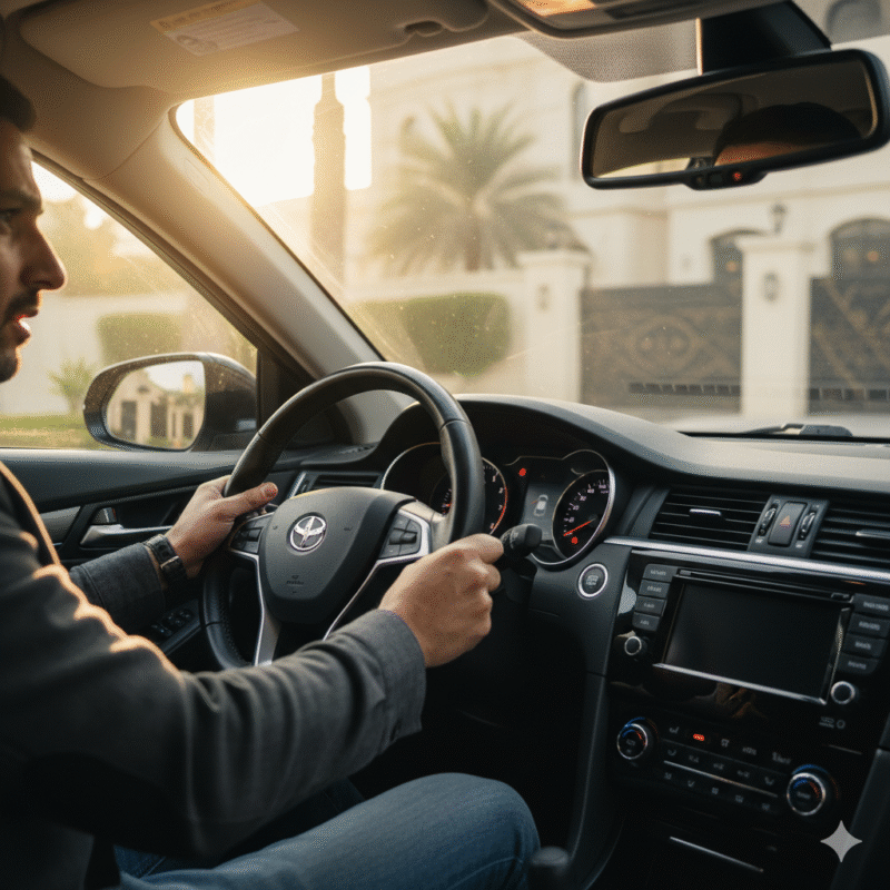 early signs car stuck at home dead battery Dubai dashboard dim scene